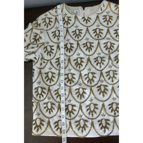 Vtg Macy's 60s Ivory Gold Beaded Top 10 Pearl Drop Tassel Deco Hong Kong - Picture 10 of 13